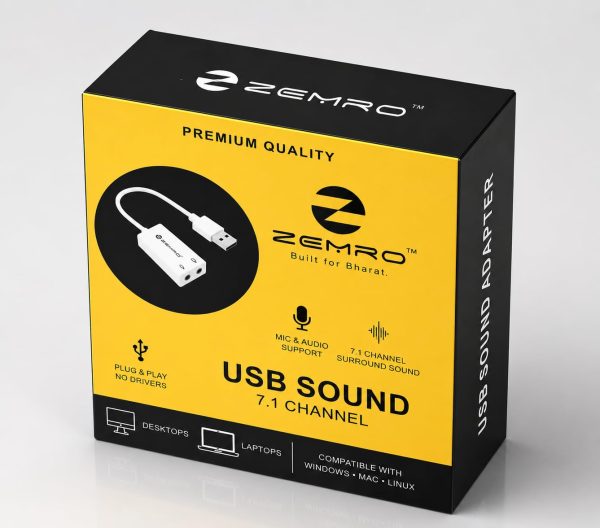 Zemro USB Sound Card 7.1 Channel | USB Plug & Play Audio Adapter | Mic & Headphone Support | White